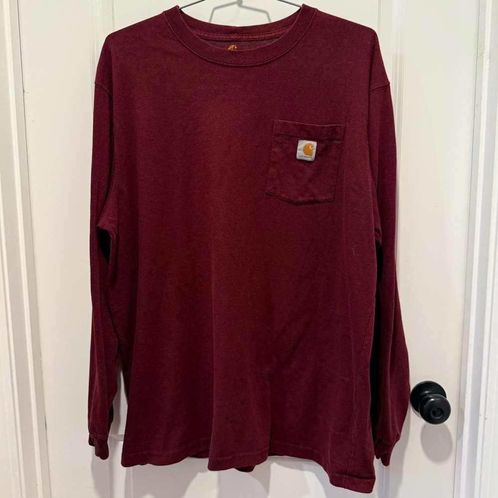 Carhartt Original Fit Mens XL Tall Long Sleeve Pocket T Shirt Burgundy Workwear